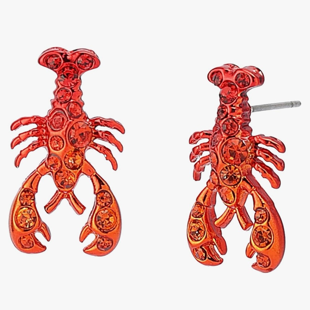 NWT! Betsey Johnson Red Lobster Crawfish Rhinestone Stud Earrings Ocean